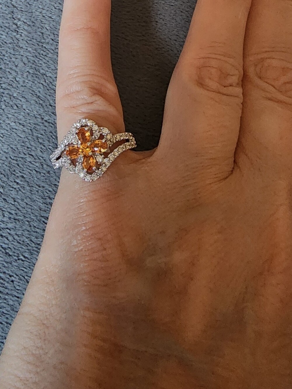14K White Gold Spessartite Garnet 1.0 CTW And 0.42 CTW Diamonds Cross Style Ring